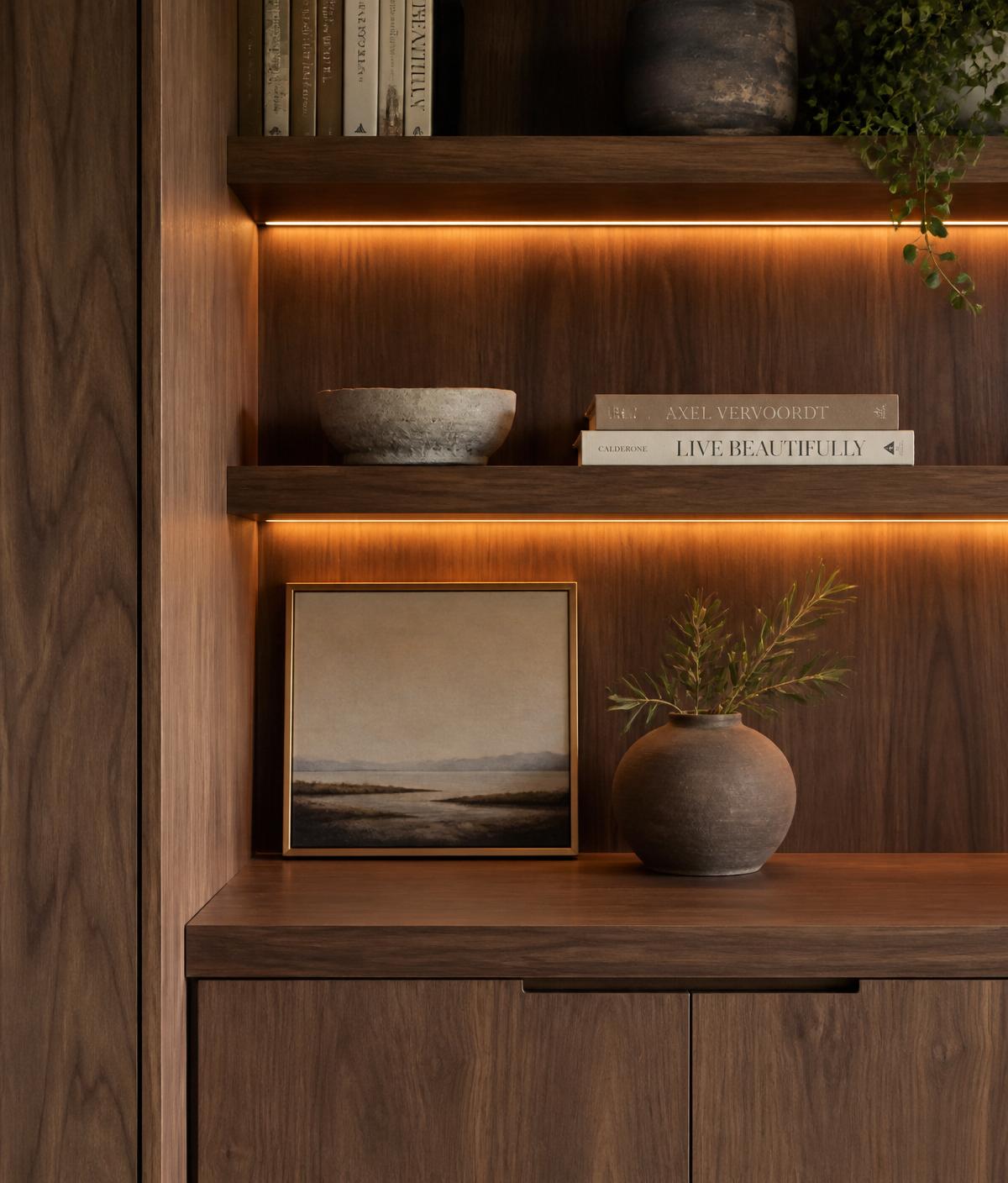 Bespoke walnut shelving