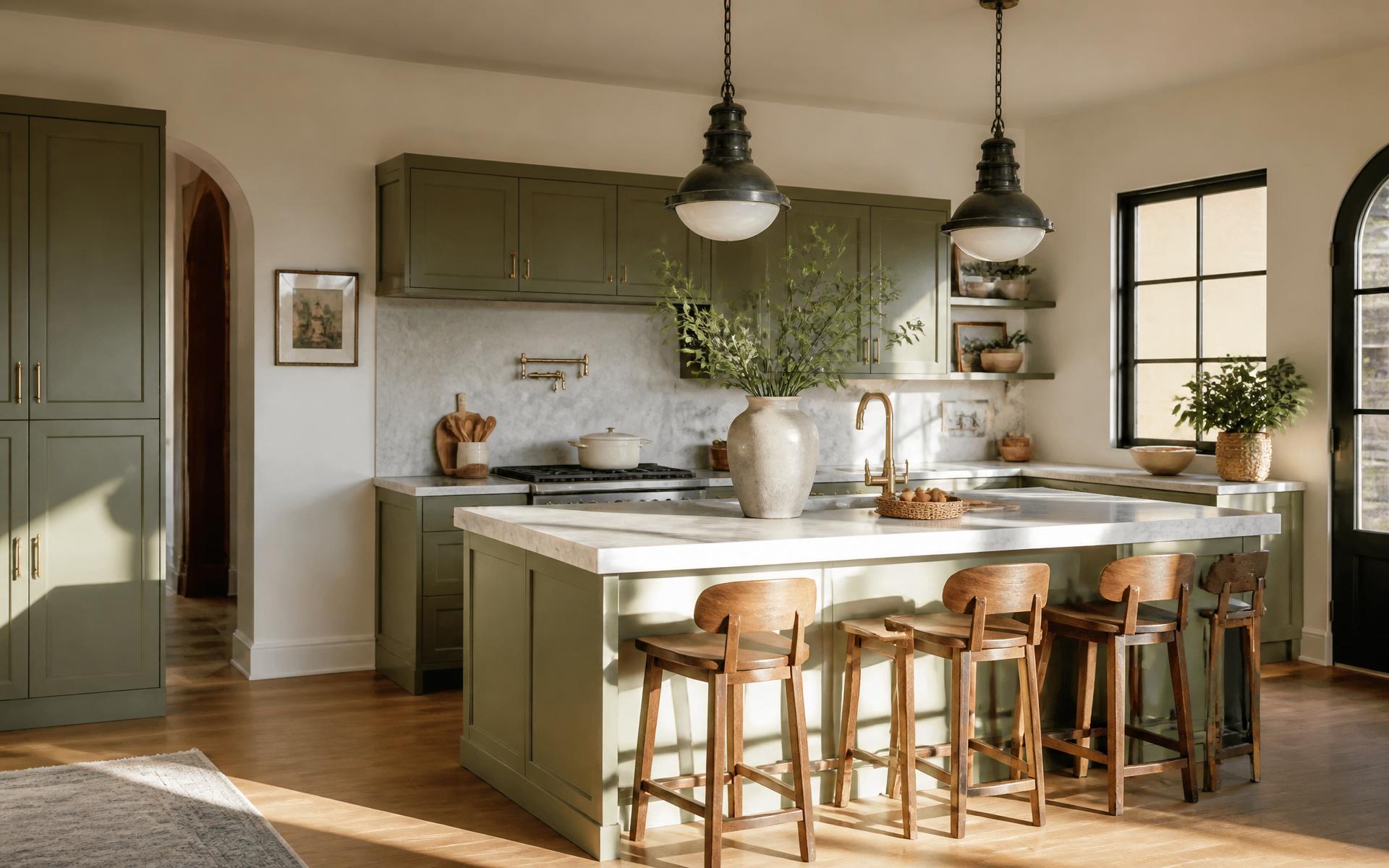 Bespoke sage green kitchen with marble island fitted by Henric-S Construction